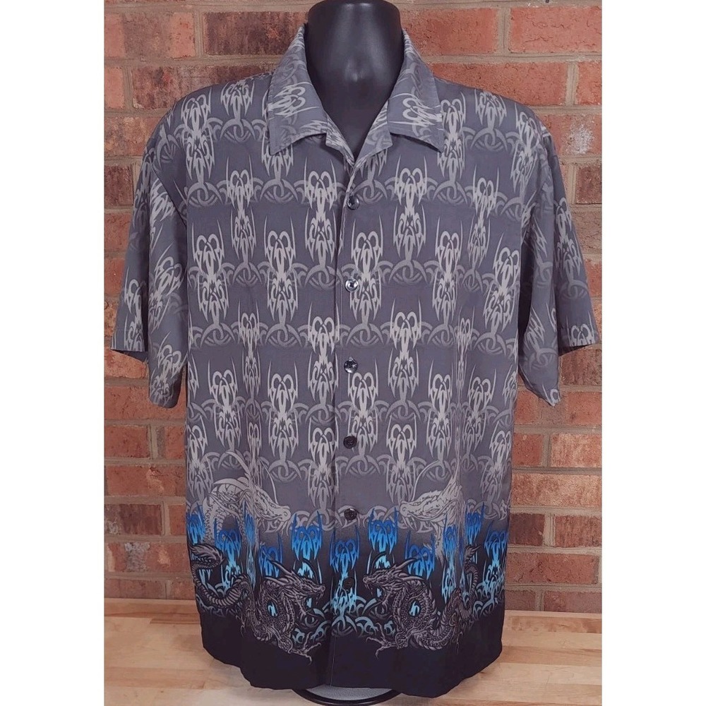 ODO Tribal Dragon Mens Large Blue Gray Y2K Graphic‎ Shirt Vintage Short Sleeve